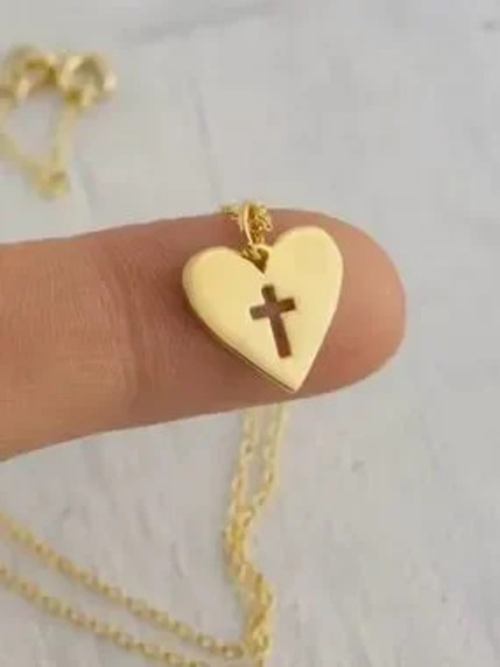 Tiny delicate dainty Heart Pendant Necklace with Cross Cutout